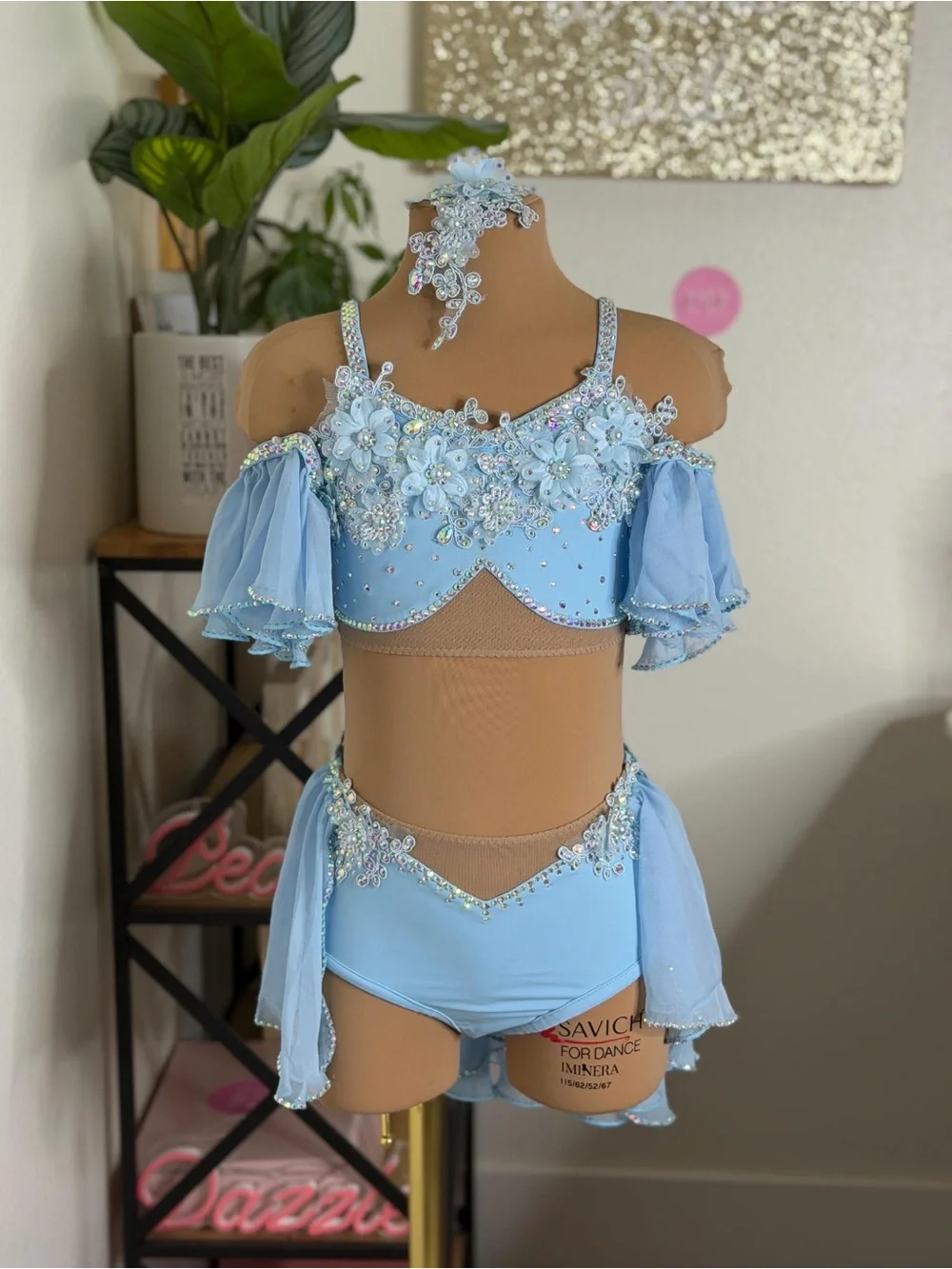Kids Dance Costume Top - Pale Blue Floral Rhinestone Bra
